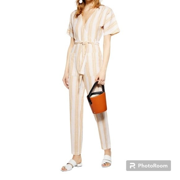 Topshop Yellow White Striped Linen Blend Jumpsuit Romper U.S. Size 8 - Picture 2 of 13